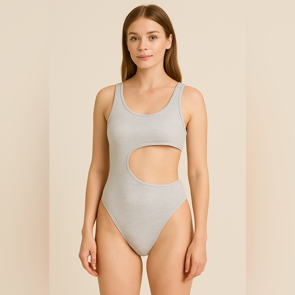 Alphalete Tops - Alphalete Monarch Collection Cutout Bodysuit in Light Gray Ribbed Knit NWT S BJ5